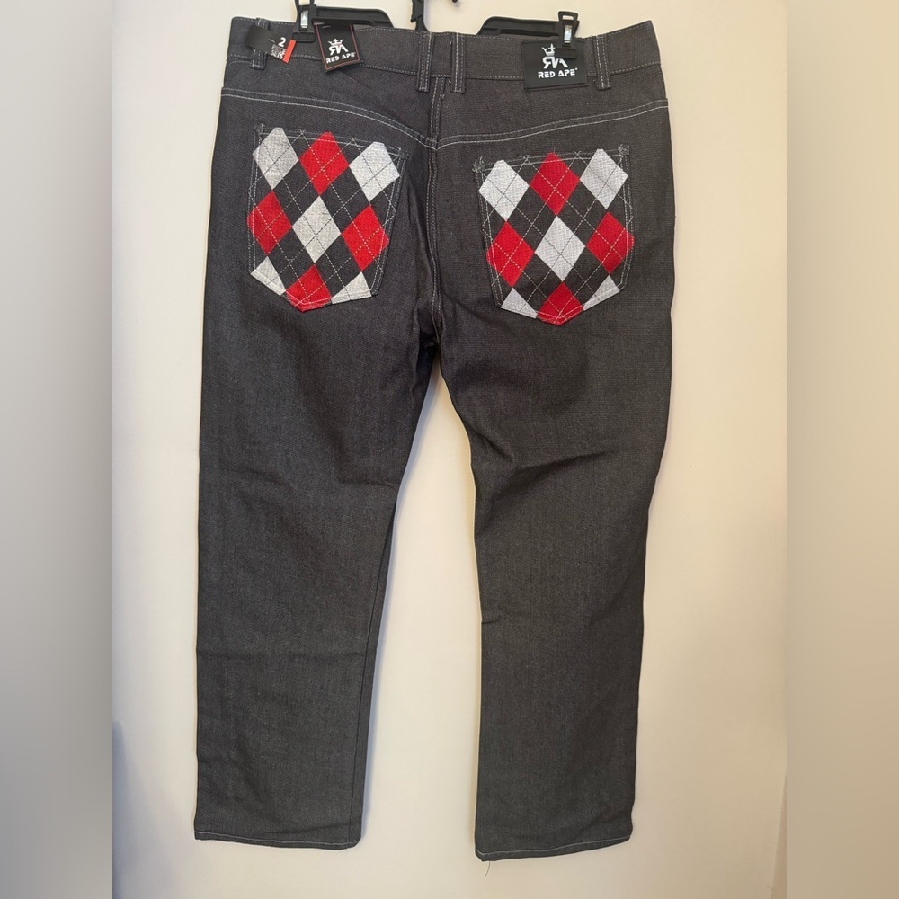 Red Ape NWT Men’s Jeans 42x33 Baggy Straight Leg Y2K Streetwear Argyle Pockets - Picture 2 of 7